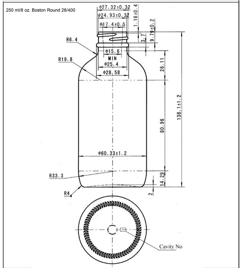 8oz Amber Glass Boston Round Bottle 28-400(96/case) Specs