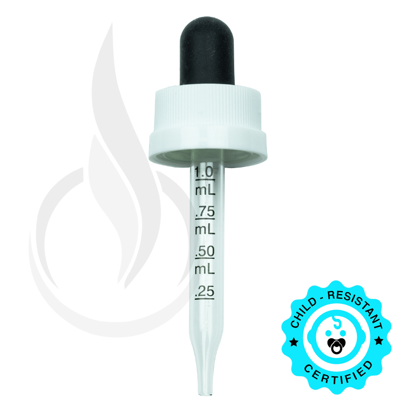 CRC (Child Resistant Closure) Dropper - Black Rubber White Cap with Measurement Markings on Pipette - 65mm 18-400