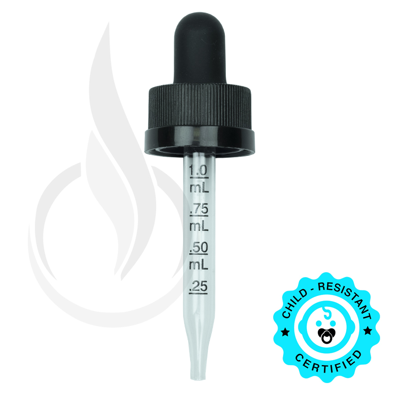 CRC (Child Resistant Closure) Dropper - Black with Measurement Markings on Pipette - 65mm 18-400