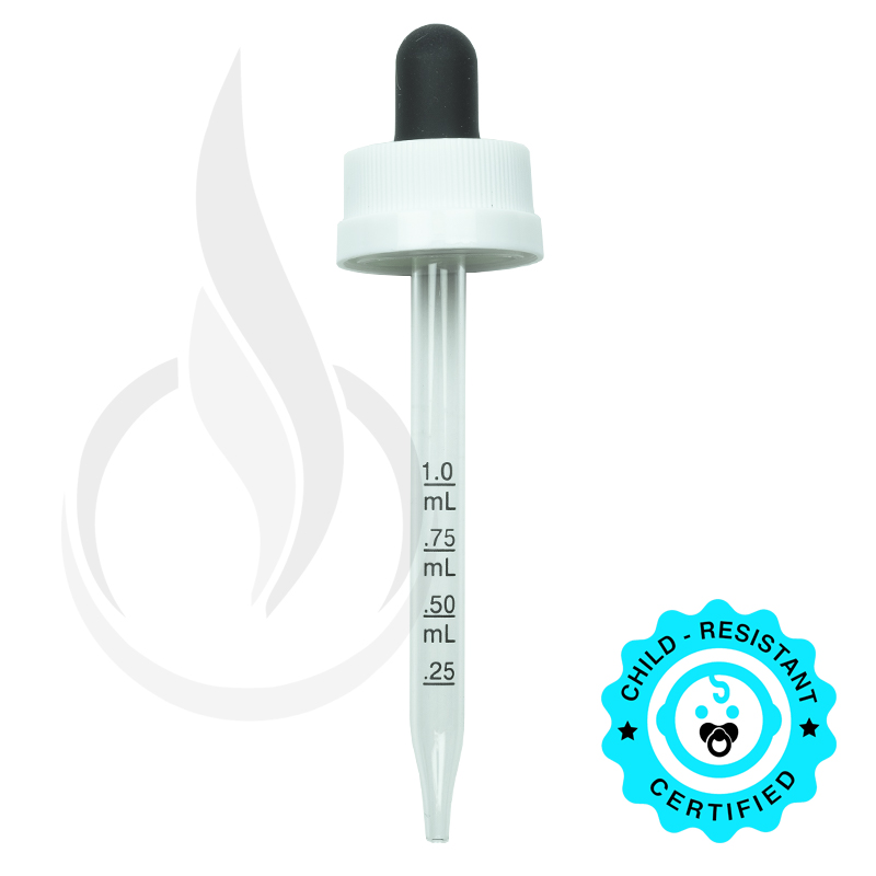 CRC (Child Resistant Closure) Dropper - Black Rubber White Cap with Measurement Markings on Pipette - 89mm 20-400