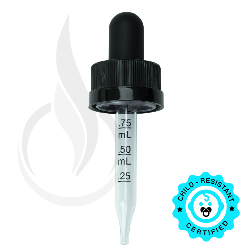 CRC (Child Resistant Closure) Dropper - Black with Measurement Markings on Pipette - 58mm 18-400