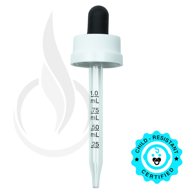 CRC (Child Resistant Closure) Dropper - Black Rubber White Cap with Measurement Markings on Pipette - 76mm 20-400
