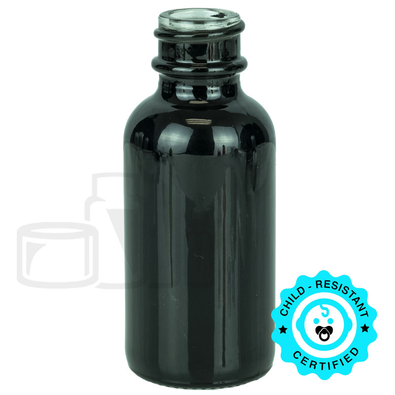 1oz Shiny Black Glass Boston Round Bottle 20-400(360/case)