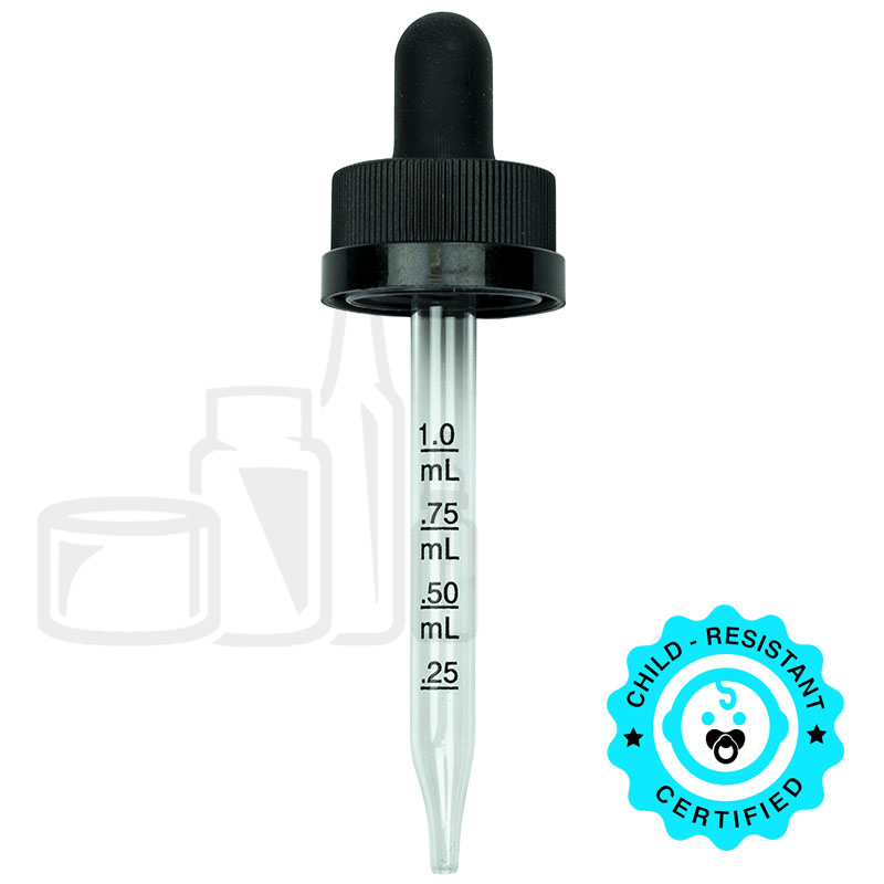 CRC (Child Resistant Closure) Dropper - Black with Measurement Markings on Pipette - 76mm 20-400(1400/case)