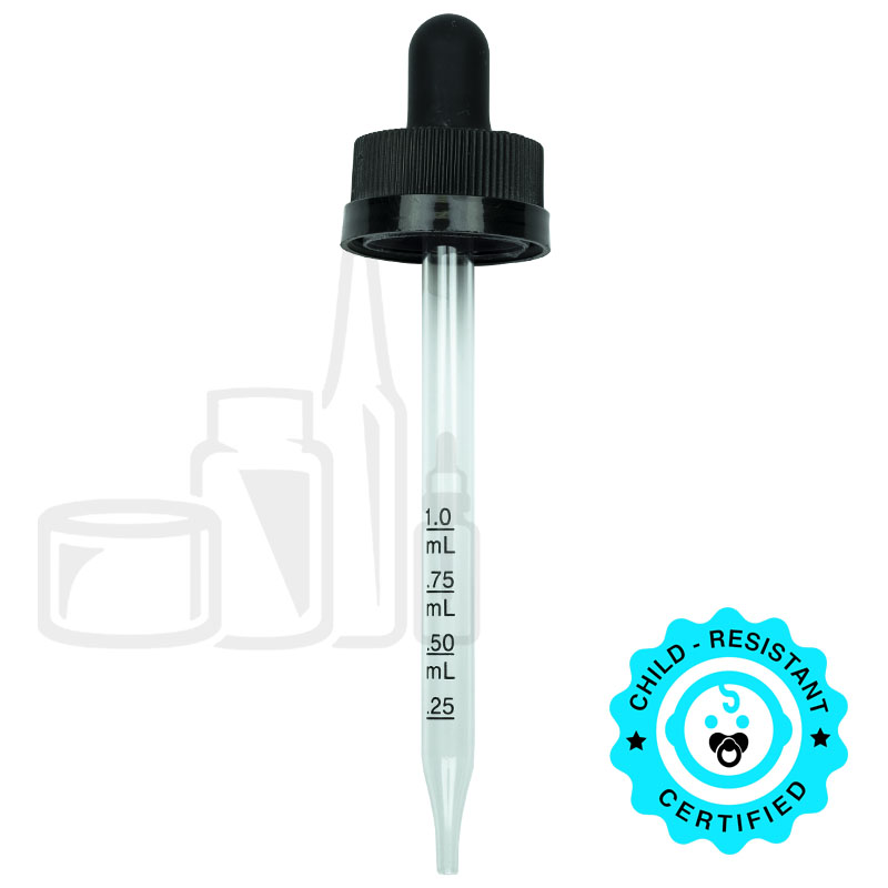 CRC (Child Resistant Closure) Dropper - Black with Measurement Markings on Pipette - 109mm 22-400