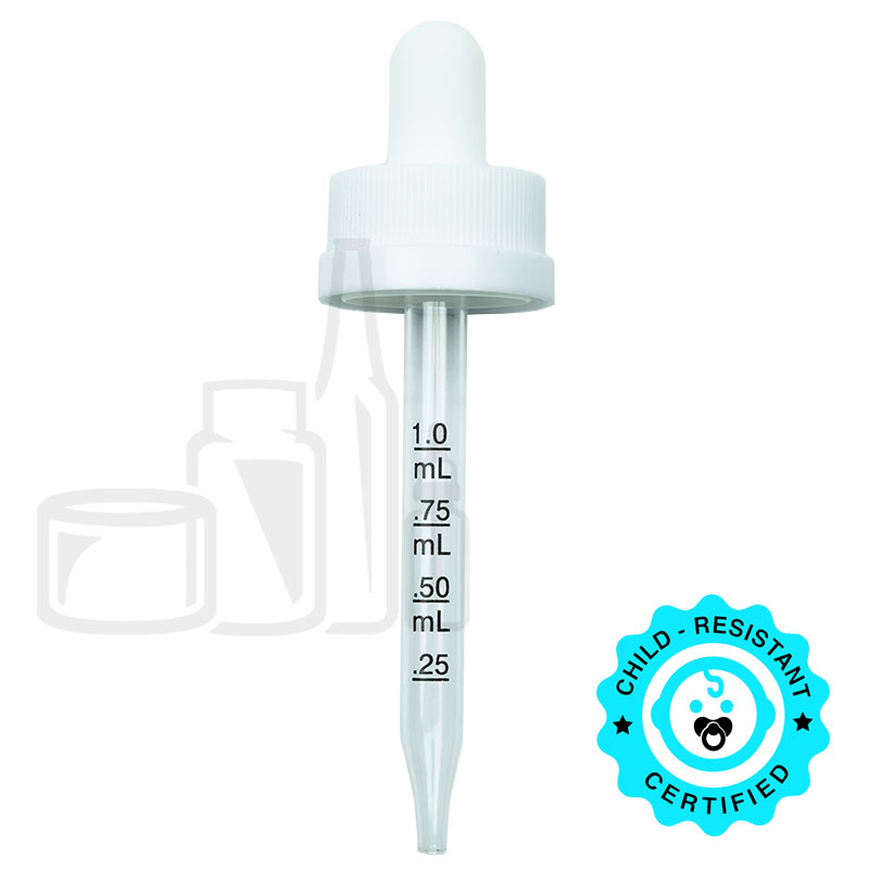 CRC (Child Resistant Closure) Dropper - White with Measurement Markings on Pipette - 76mm 20-400