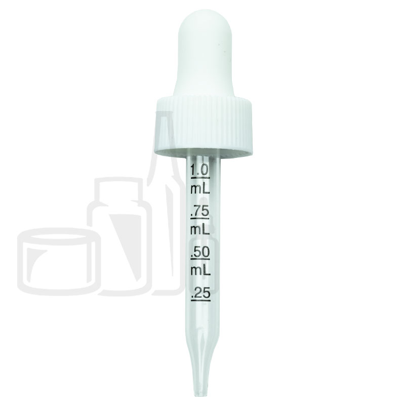 NON CRC (Child Resistant Closure) Dropper - White with Measurement Markings on Pipette - 66mm 18-400