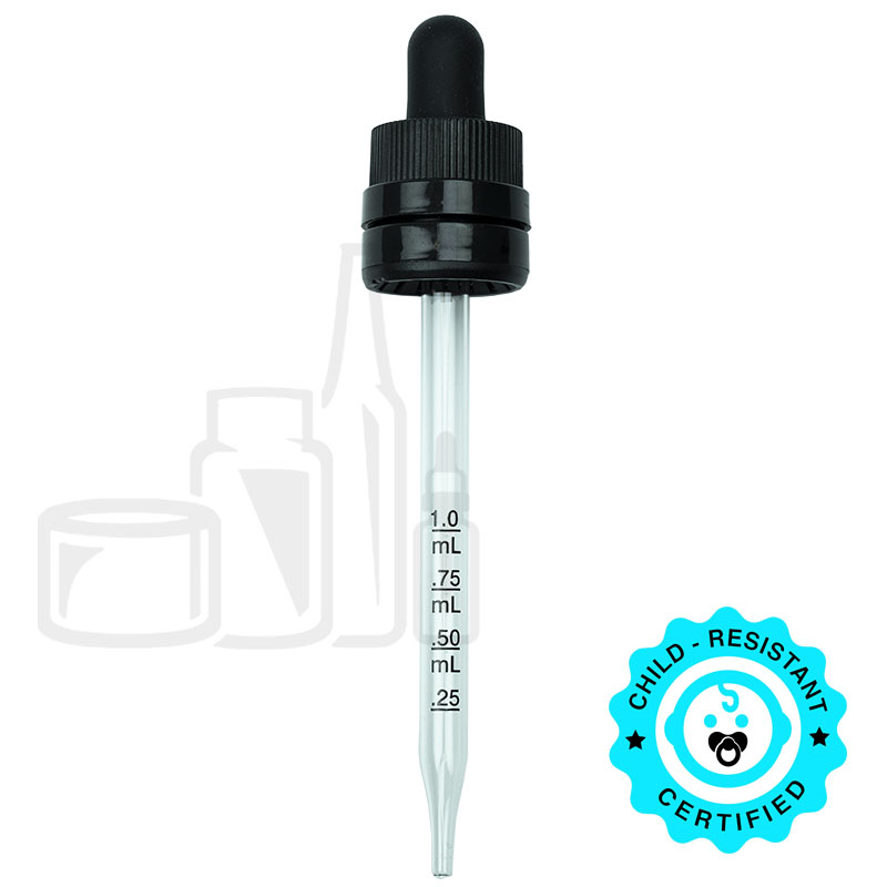 CRC/TE (Child Resistant Closure/Tamper Evident) Super Dropper - Black with Measurement Markings on Pipette - 109mm 18-415