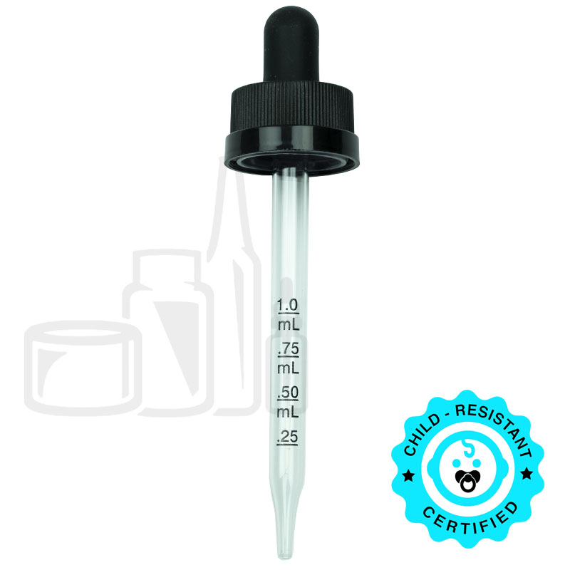 CRC (Child Resistant Closure) Dropper - Black with Measurement Markings on Pipette - 91mm 20-400