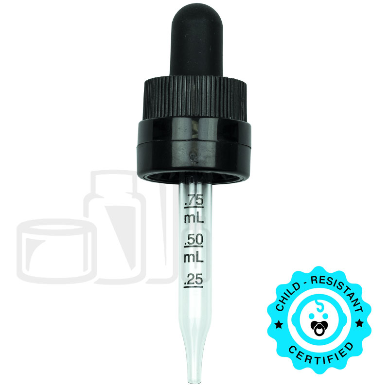CRC/TE (Child Resistant Closure/Tamper Evident) Super Dropper - Black - 65mm - 18-415 with markings