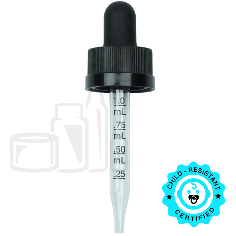 CRC (Child Resistant Closure) Dropper - Black with Measurement Markings on Pipette  - 65mm 18-400