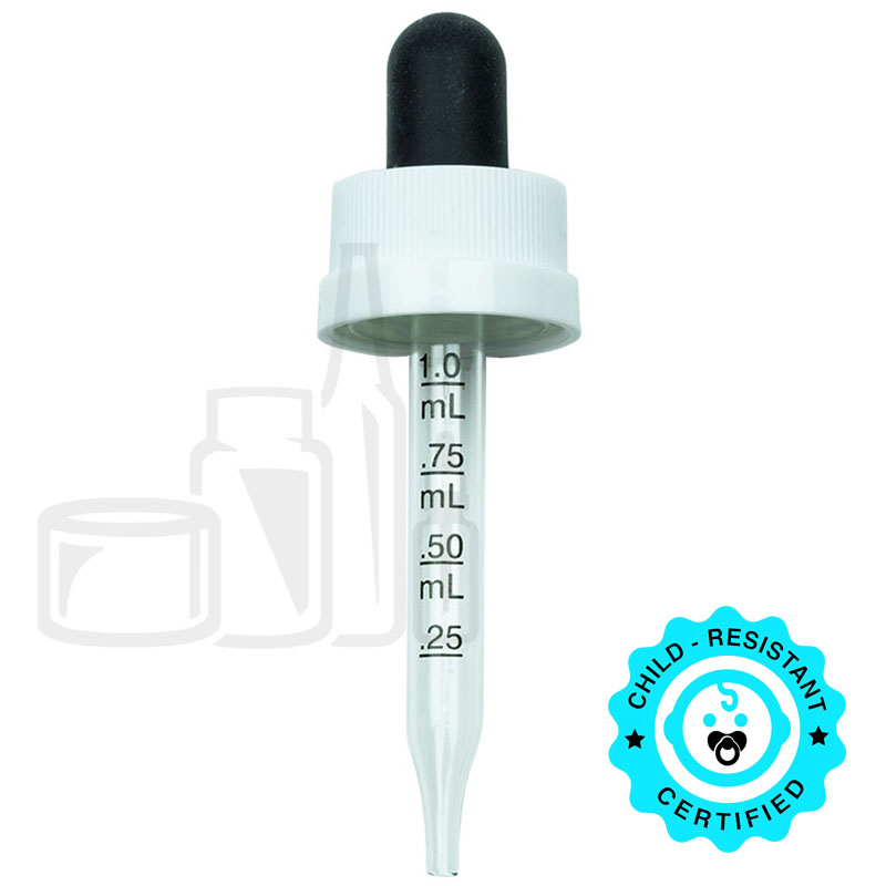 CRC (Child Resistant Closure) Dropper - Black Rubber White Cap with Measurement Markings on Pipette  - 65mm 18-400