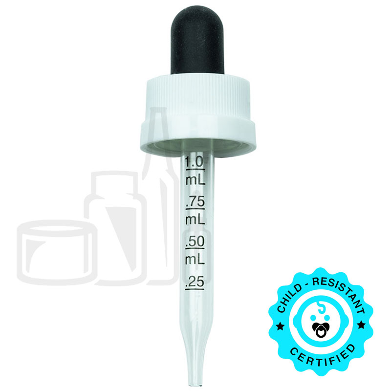CRC (Child Resistant Closure) Dropper - Black Rubber White Cap with Measurement Markings on Pipette - 65mm 18-400