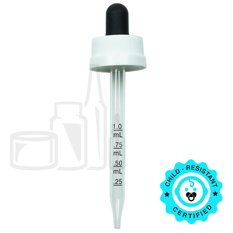 CRC (Child Resistant Closure) Dropper - Black Rubber White Cap with Measurement Markings on Pipette - 76mm 20-400(1400/case)