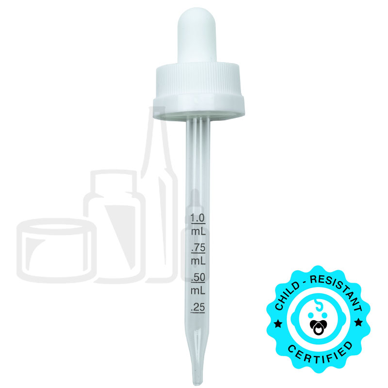 CRC (Child Resistant Closure) Dropper - White with Measurement Markings on Pipette - 91mm 20-400