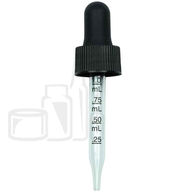 NON CRC (Child Resistant Closure) Dropper - Black with Measurement Markings on Pipette - 66mm 18-400