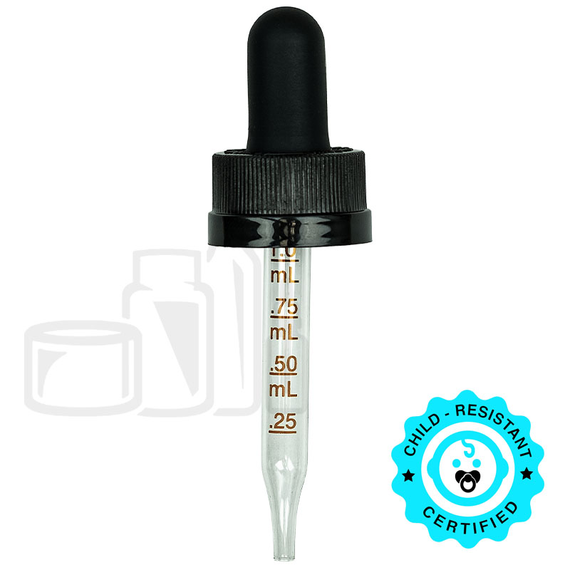 CRC (Child Resistant Closure) Dropper - Black with Measurement Markings on Pipette  - 1ml Bulb - 65mm 18-400(1400/case)