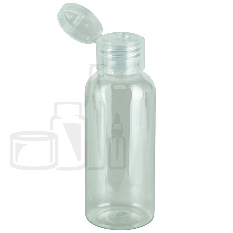 2oz Clear Cosmo Round PET Plastic Bottle 20-410 w/Natural Colored Flip Cap (1450/case)
