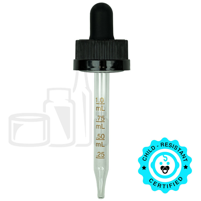 CRC (Child Resistant Closure) Dropper - Black with Measurement Markings on Pipette - 76mm 20-400(1400/cs)