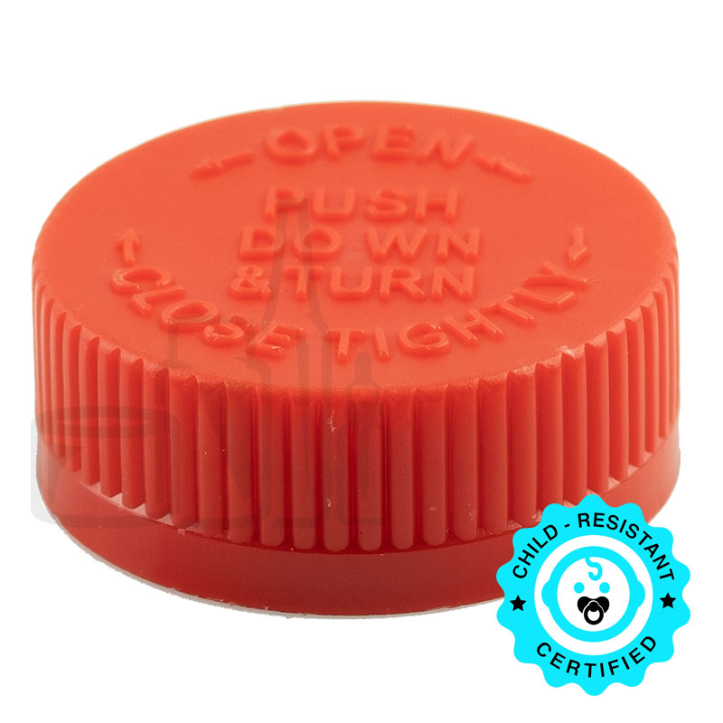 Red CRC (Child Resistant Closure) Cap 38-400 with HS035.020 FOAM PRINTED (1500/case)