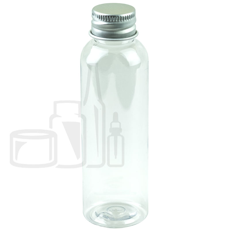 2oz Clear Cosmo Round PET Bottle with Non-CRC Silver Aluminum Cap - Foam Liner