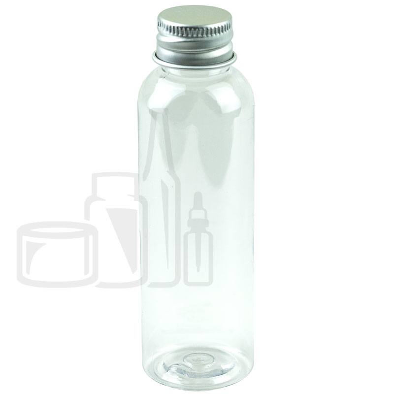 2oz Clear Cosmo Round PET Plastic Bottle with Non-CRC Silver Aluminum Cap - Foam Liner