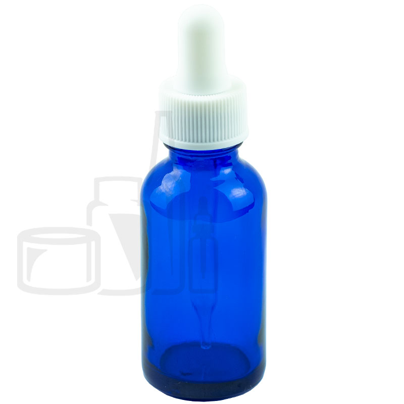 1oz Cobalt Blue Boston Round Bottle with Non-CRC White Dropper