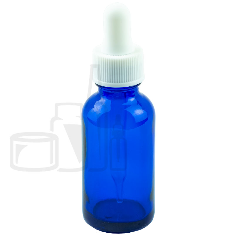 1oz Cobalt Blue Glass Boston Round Bottle with Non-CRC White Dropper