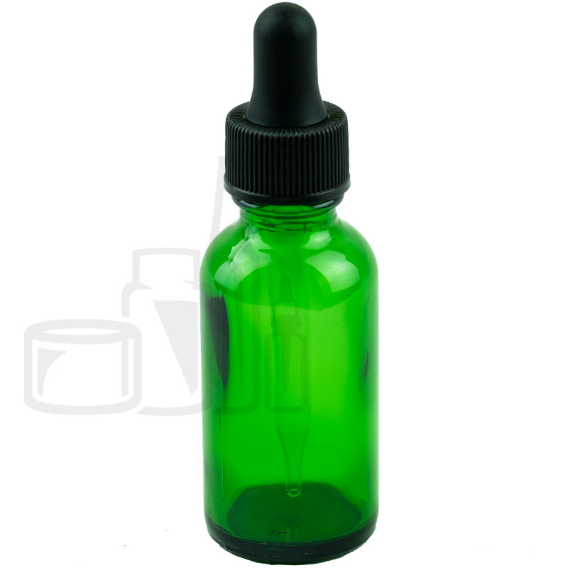 1oz Green Glass Boston Round Bottle with Non-CRC Black Dropper