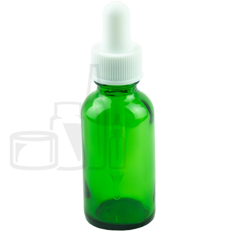 1oz Green Glass Boston Round Bottle with Non-CRC White Dropper