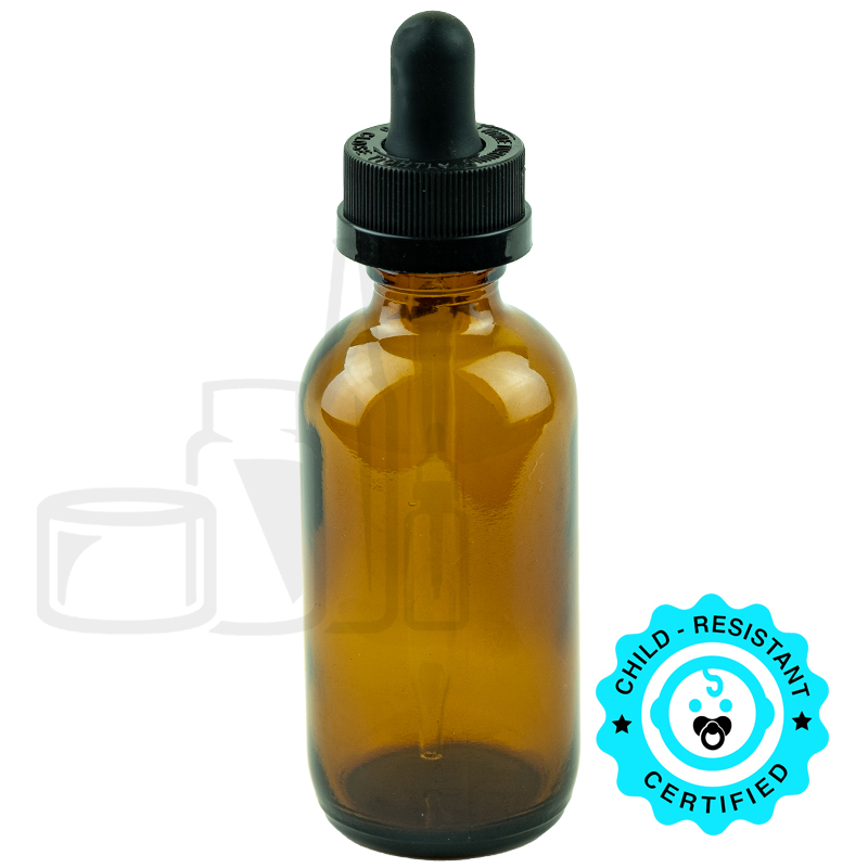 2oz Amber Glass Boston Round Bottle with CRC Black Dropper