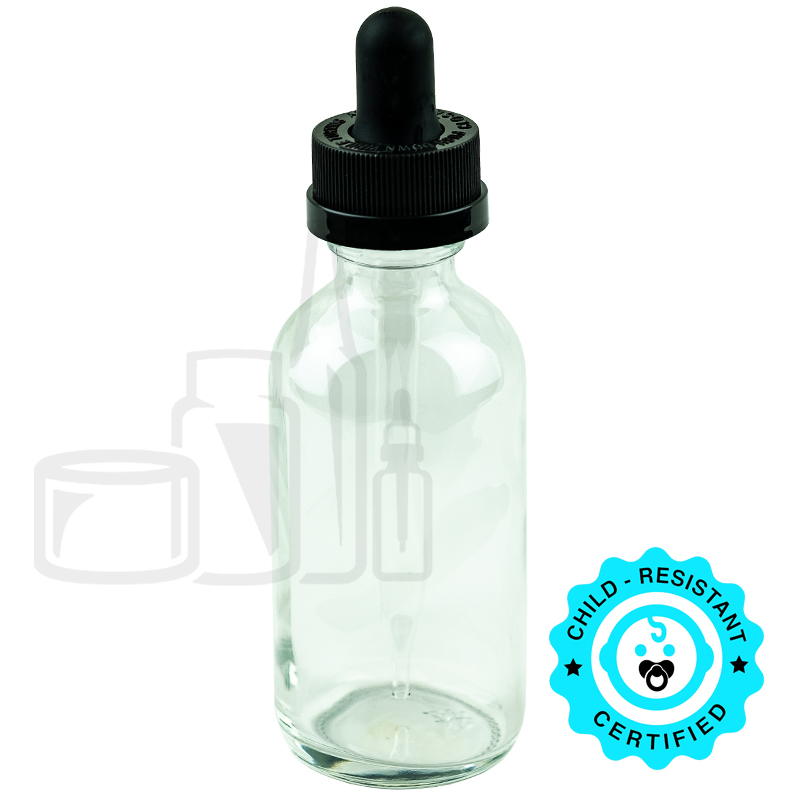 2oz Clear Glass Boston Round Bottle with CRC Black Dropper