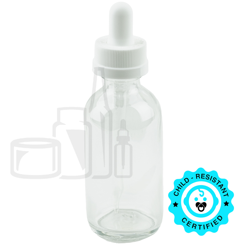 2oz Clear Glass Boston Round Bottle with CRC White Dropper