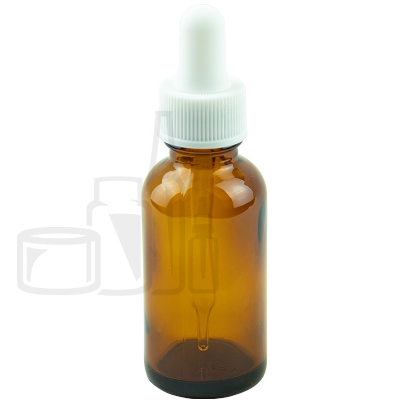 1oz Amber Glass Boston Round Bottle with White Dropper