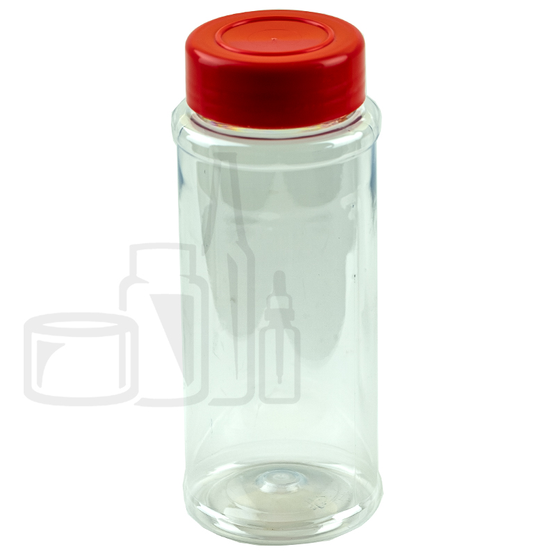 12oz PET Plastic Spice Jar - Clear - 53-485 w/Red Spice Cap - .125 sifter