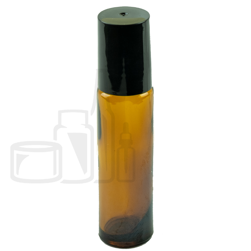 10ml Amber Glass Roller Bottle 15.9mm with Stainless Steel Roller Ball and Black Cap