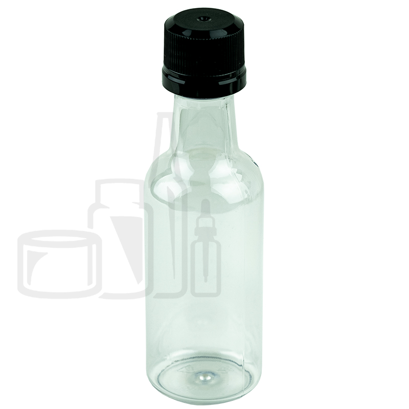 50ml Liquor Mini Round, Clear PET Plastic with 18mm Black Cap(1000/cs)