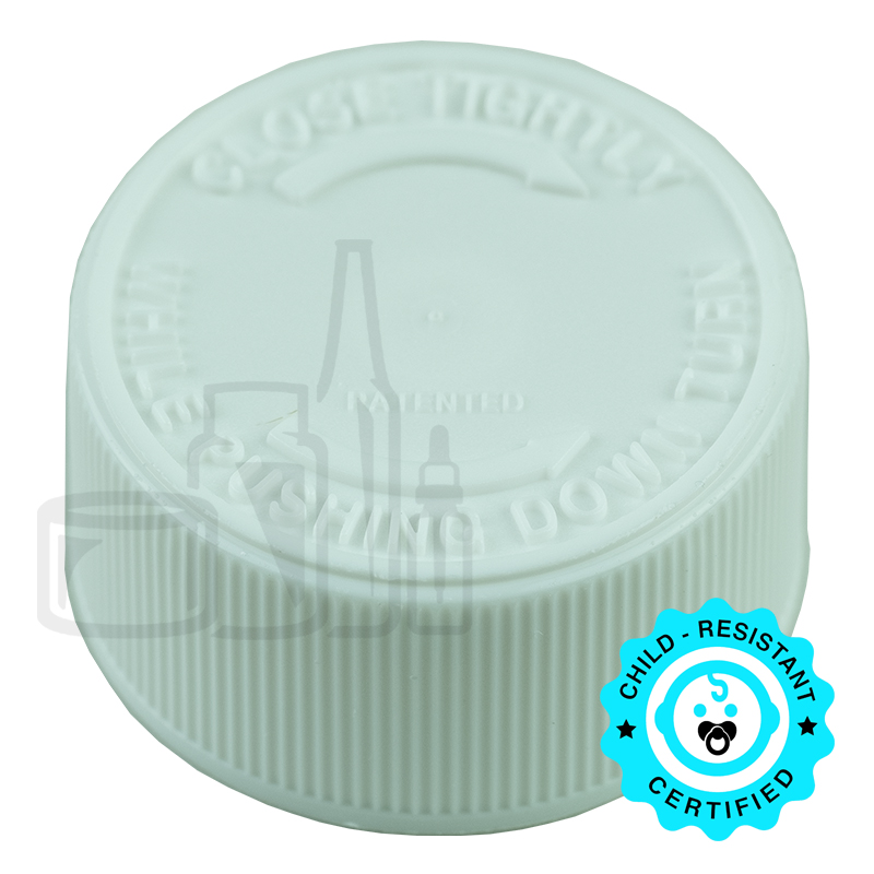 White CRC (Child Resistant Closure) Cap 28-400 PUSH & TURN TEXT .035” Pulp HS-035 (2600/case)