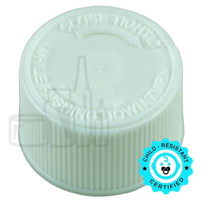 White CRC (Child Resistant Closure) Cap 20-400 PUSH & TURN TEXT .035” Pulp HS-035 (4500/case)