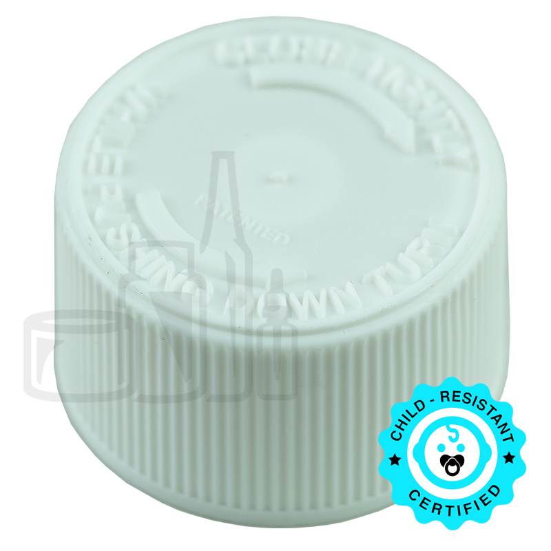 White CRC (Child Resistant Closure) Cap 22-400 PUSH & TURN TEXT .035” Pulp HS-035 (3800/case)