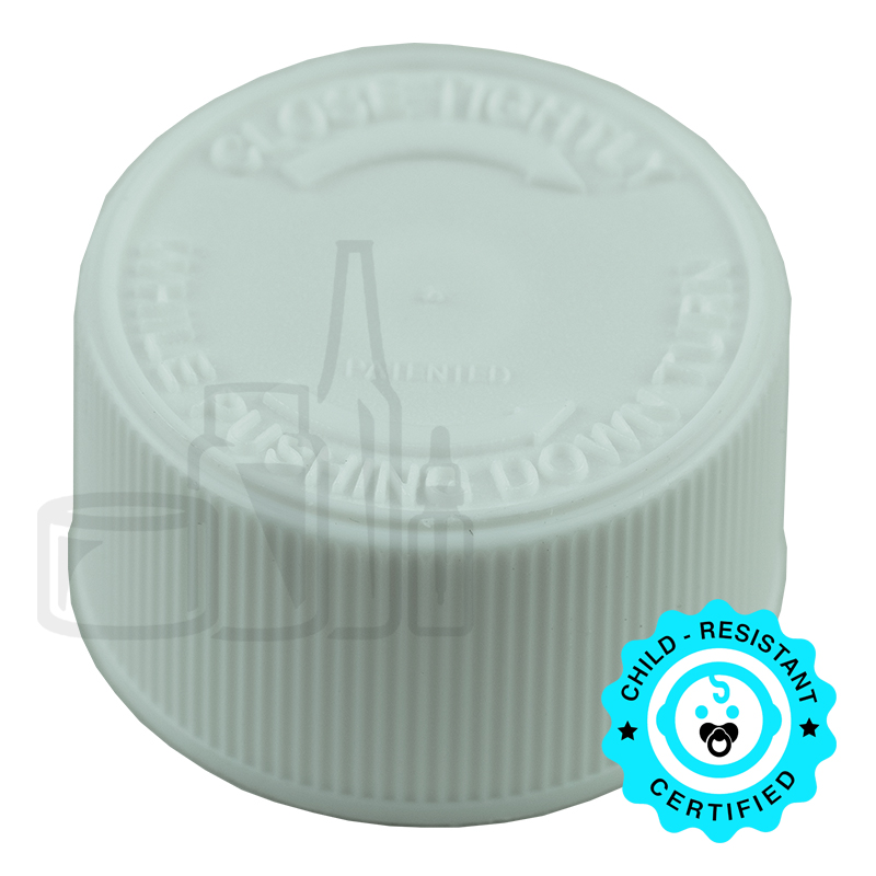 White CRC (Child Resistant Closure) Cap 24-400 PUSH & TURN TEXT .035” Pulp HS-035 (3200/case)