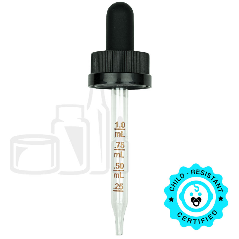 Black Plastic 20-400 Child-Resistant Dropper Assembly with Graduated 76mm Glass Pipette (864/cs)