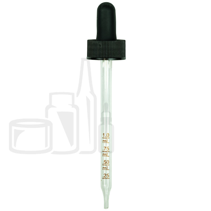 Black Plastic 22-400 Dropper Assembly with Graduated 110mm Glass Pipette and a 1ml Pull Bulb (1400/cs)
