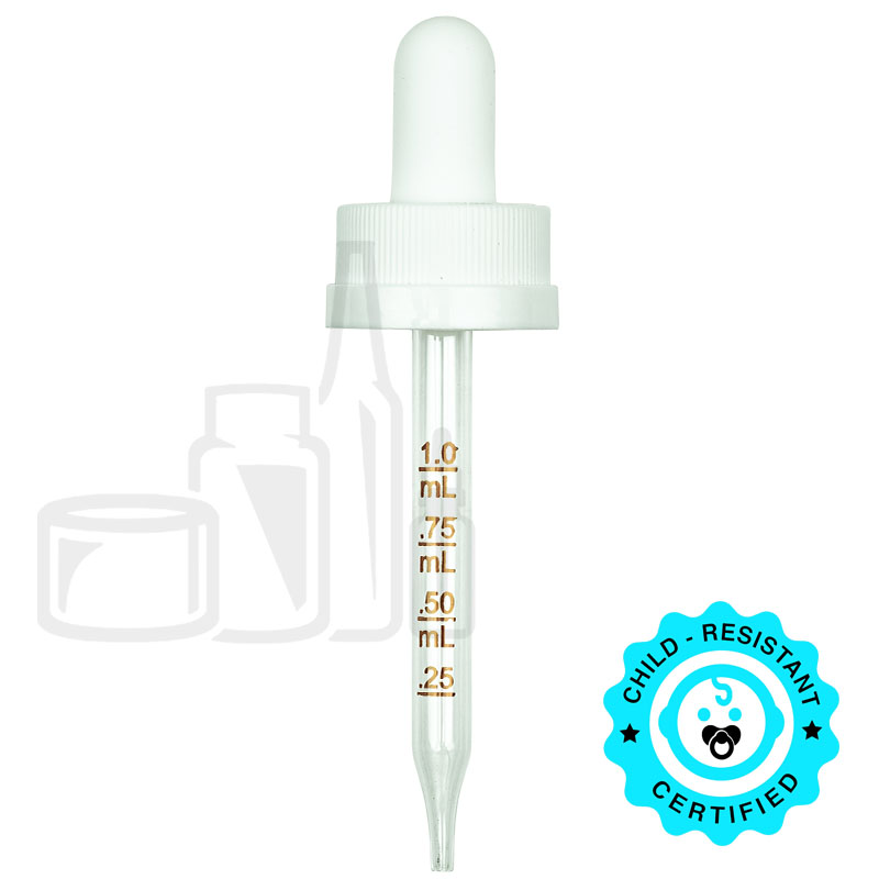 CRC (Child Resistant Closure) Dropper - White with Measurement Markings on Pipette and full 1ml Pull bulb - 76mm 20-400(1400/case)
