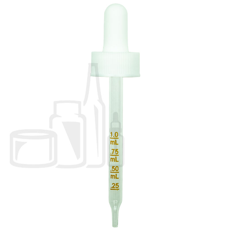 White Plastic 20-400 Dropper Assembly with Graduated 91mm Glass Pipette with full 1ML pull TALL bulb (1400/cs)