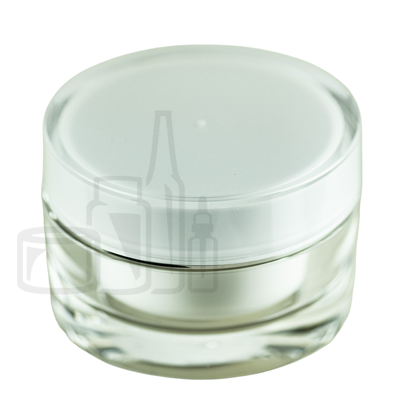 Stock 50ml double wall jar, clear acrylic outer & PP white inner, cap with frosted inner & shiny silver band, PE disc include