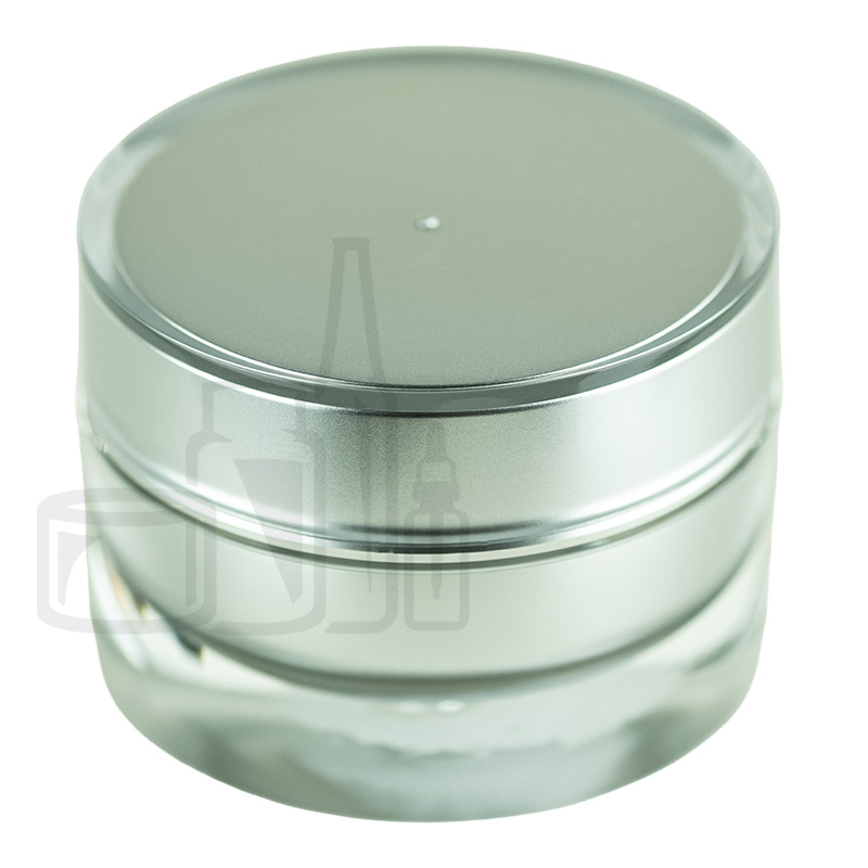 Stock 30ml double wall jar , flushed cap acrylic outer jar & outer cap with matte silver inner spray, PE disc included