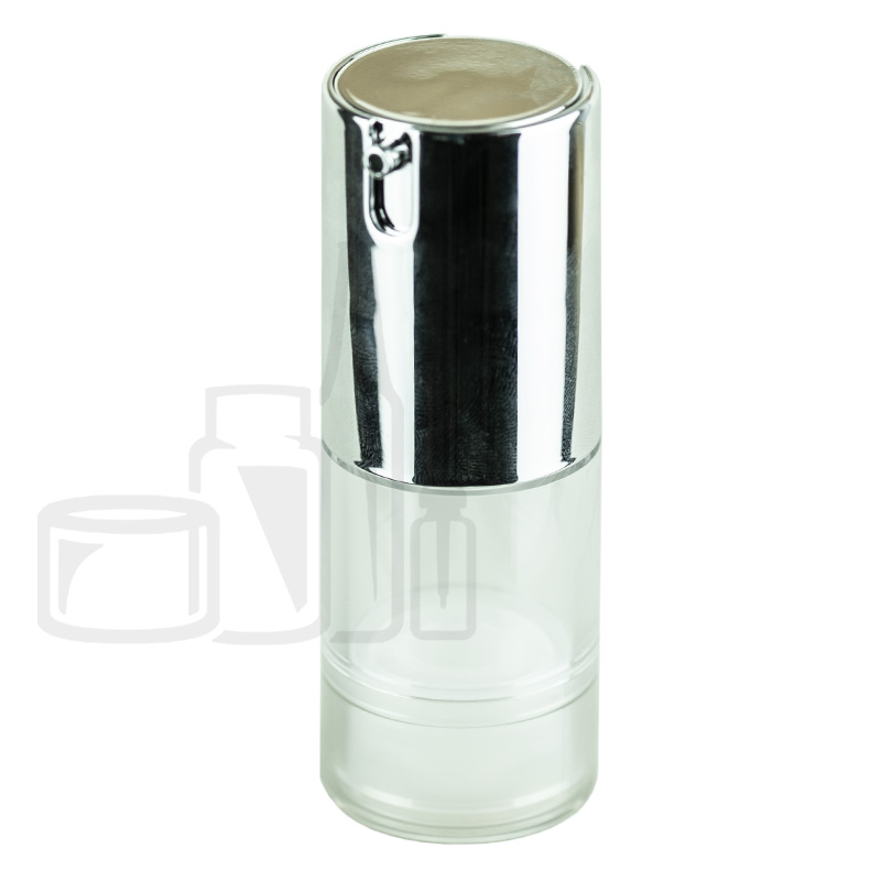 Stock 15ml SAN clear airless bottle, matte silver integrated pump/cap and base, shiny silver actuator