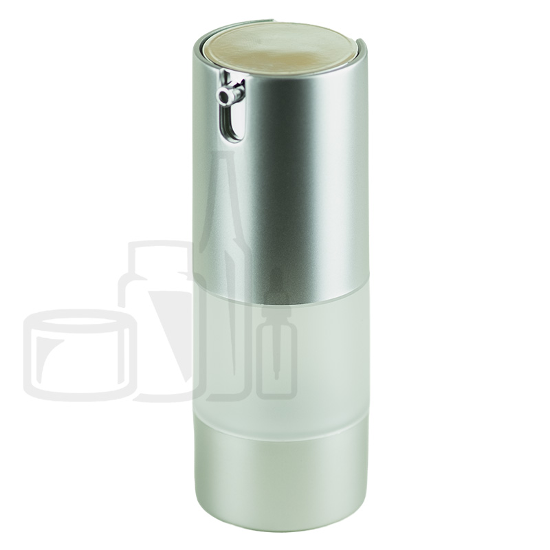 Stock 15ml SAN frosted airless bottle, matte silver integrated pump/cap and base, shiny silver actuator