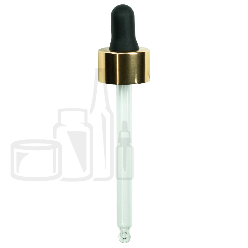 Stock aluminum collared dropper for 60ml glass bottle, shiny gold collar black nitrile bulb